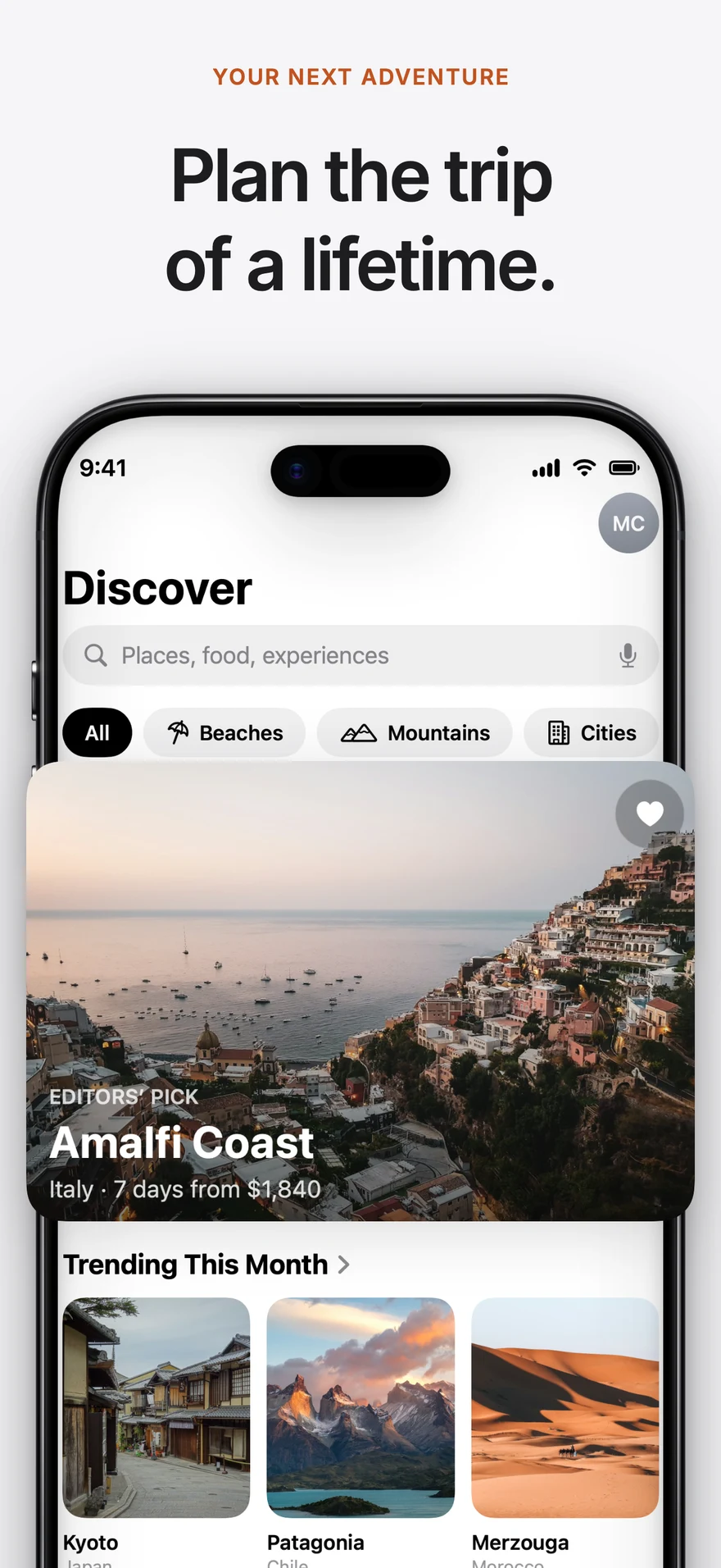 App Store screenshot made in Screenpane: Wander's Discover screen in an iPhone under the headline “Plan the trip of a lifetime.”