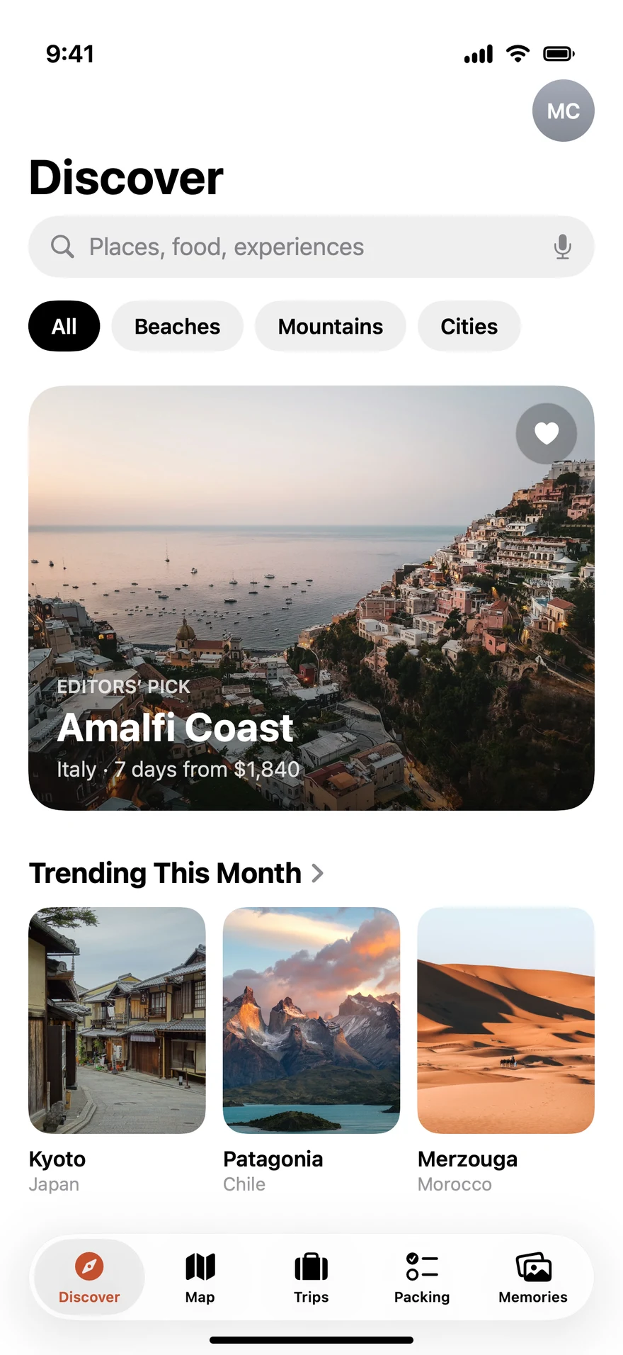 A plain iOS Simulator screenshot of Wander's Discover screen, a demo travel app, with no frame or caption.