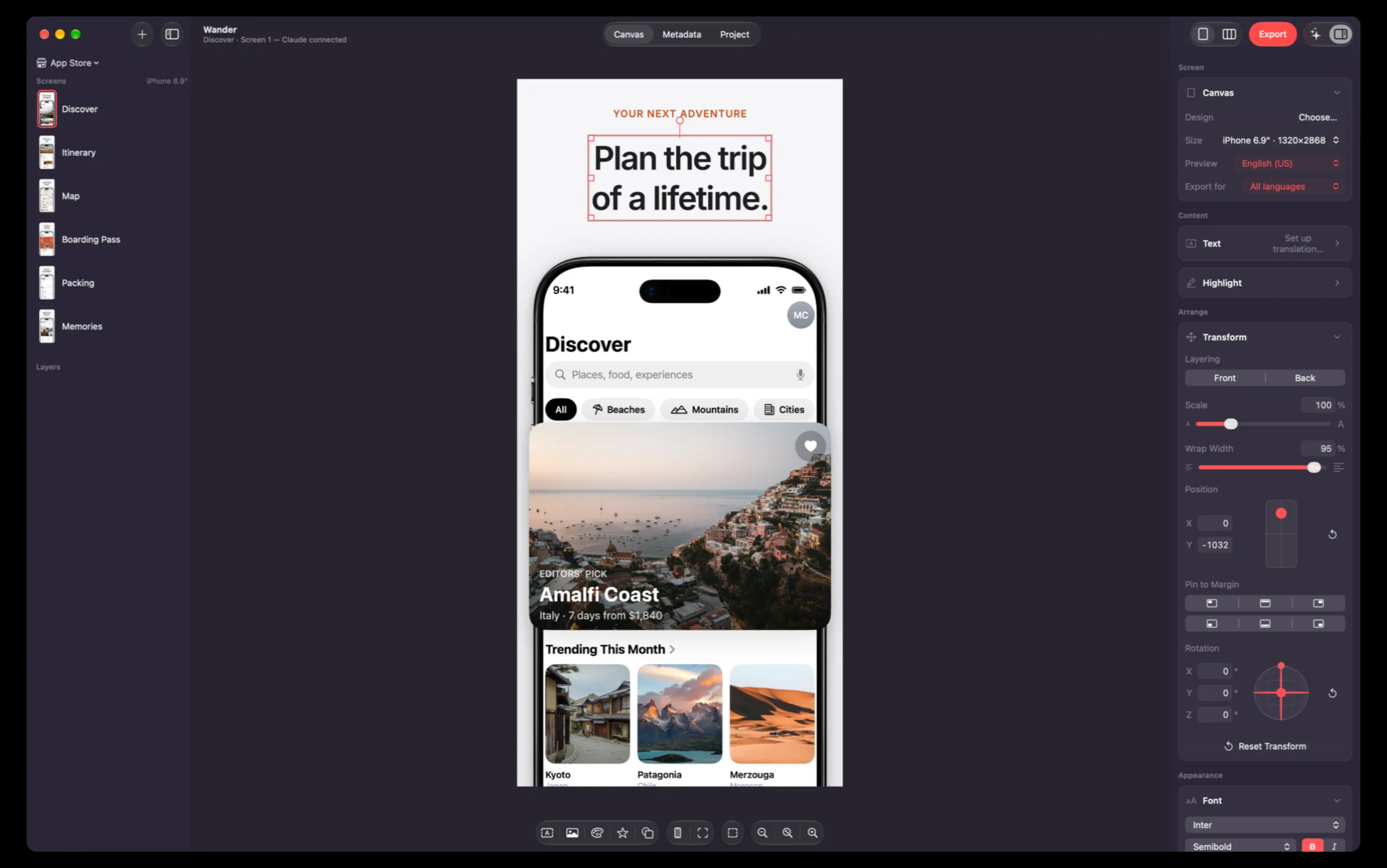 The Screenpane editor on a Mac: the Wander demo project's screens on the left, the Discover screen on the canvas at iPhone 6.9 inch with its headline selected, and the inspector on the right.