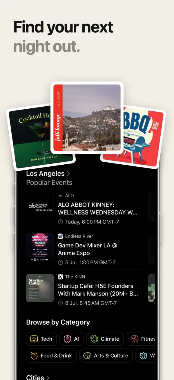 App Store screenshot made in Screenpane: an events app's Discover screen under a fan of event posters, headline “Find your next night out.”