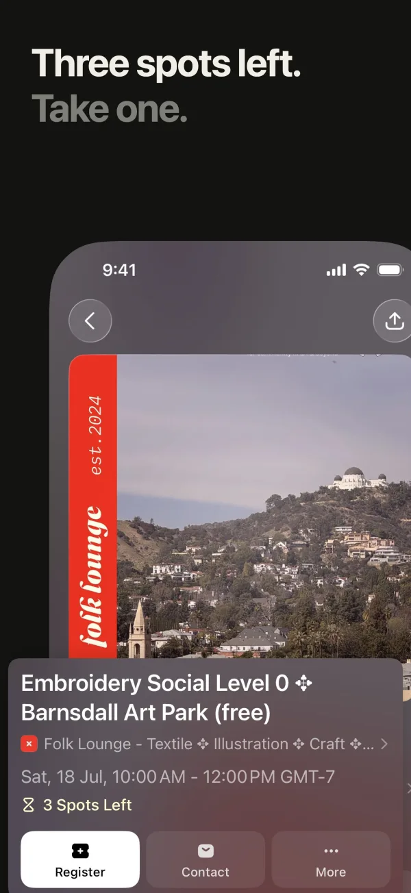 App Store screenshot made in Screenpane: an event page with its register button under the headline “Three spots left. Take one.”