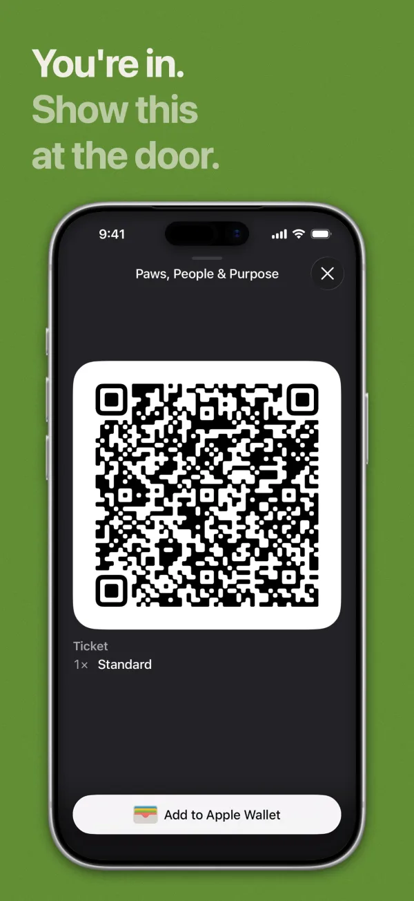 App Store screenshot made in Screenpane: a QR ticket on a silver iPhone under the headline “You're in. Show this at the door.”