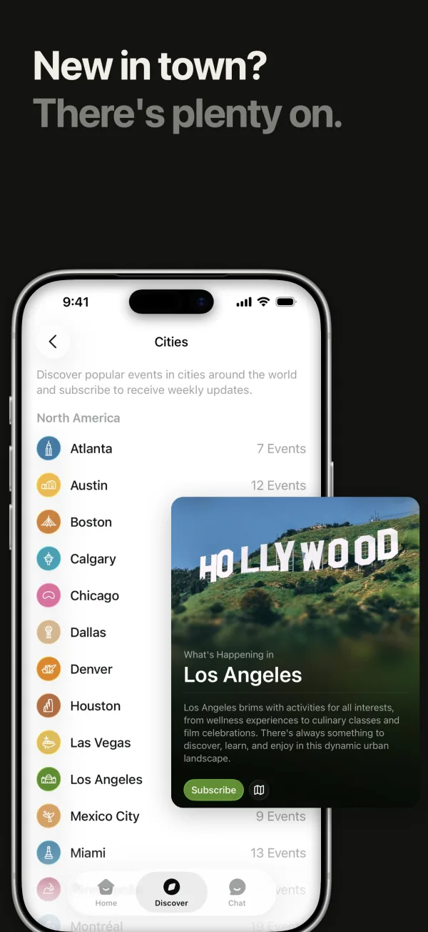 App Store screenshot made in Screenpane: a list of cities with a Los Angeles card lifted out under the headline “New in town? There's plenty on.”