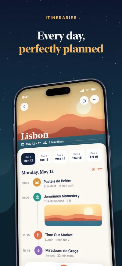 App Store screenshot made in Screenpane: Wander's itinerary screen